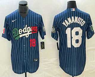 Mens Los Angeles Dodgers #18 Yoshinobu Yamamoto Number Navy Blue Pinstripe Mexico 2020 World Series Cool Base Nike Jersey1